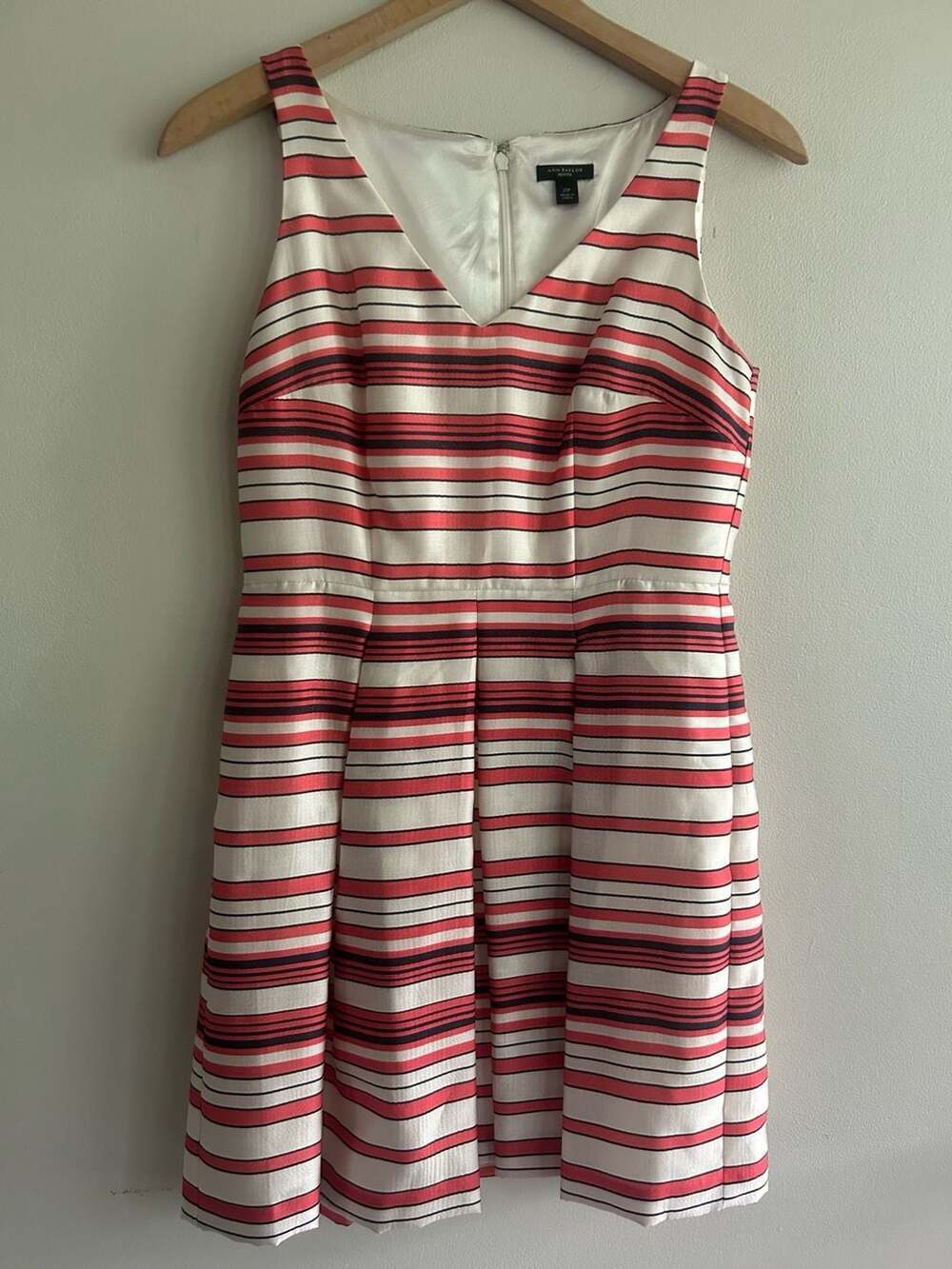 Ann Taylor Petite Coral Striped Sleeveless Fit and Flare Dress - Picture 1 of 7